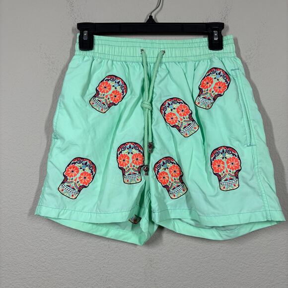 Les Canebiers Mens Medium Skull Swim Shorts Green Cotton Mesh Lined Drawstring - Picture 1 of 10